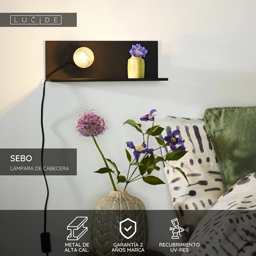 Lucide SEBO - Lámpara de cabecera / Lámpara de pared - 1xE27 - Negro - USP